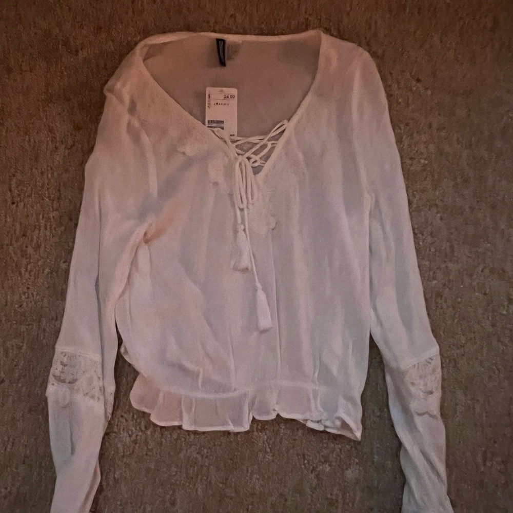 Divided Cream Lace-Up Women's Blouse